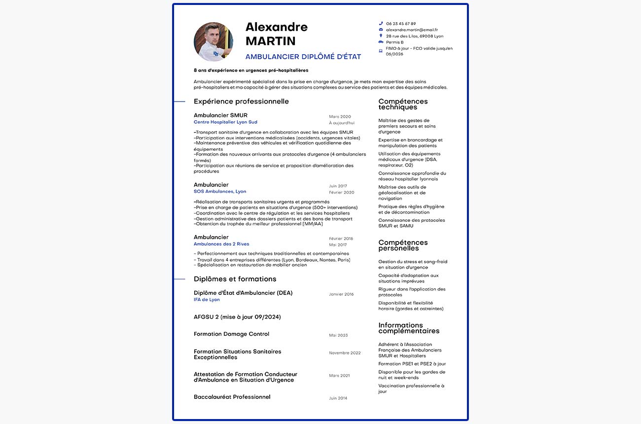 exemple de CV d'ambulancier